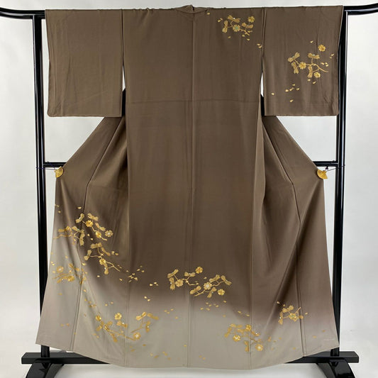 【庫存清倉】 【美品】 訪問服 身長158.5cm 袖長63cm S 雙層 若松樹 櫻花 金糸 刺繡 茶 純蠶絲 名品級