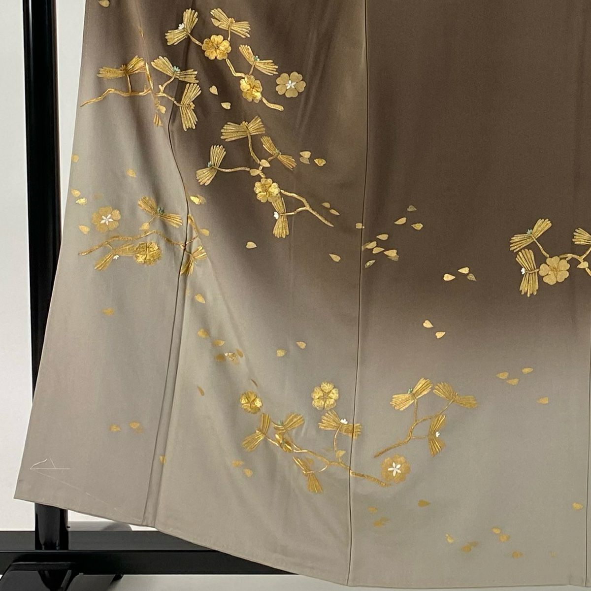 【庫存清倉】 【美品】 訪問服 身長158.5cm 袖長63cm S 雙層 若松樹 櫻花 金糸 刺繡 茶 純蠶絲 名品級