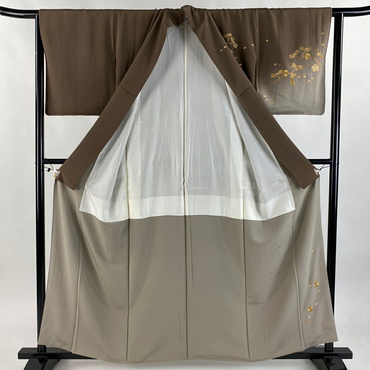 【庫存清倉】 【美品】 訪問服 身長158.5cm 袖長63cm S 雙層 若松樹 櫻花 金糸 刺繡 茶 純蠶絲 名品級