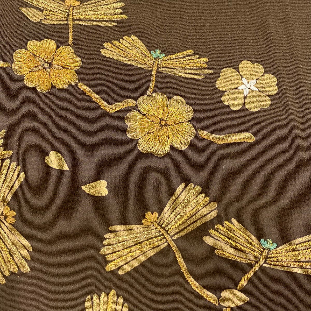 【庫存清倉】 【美品】 訪問服 身長158.5cm 袖長63cm S 雙層 若松樹 櫻花 金糸 刺繡 茶 純蠶絲 名品級