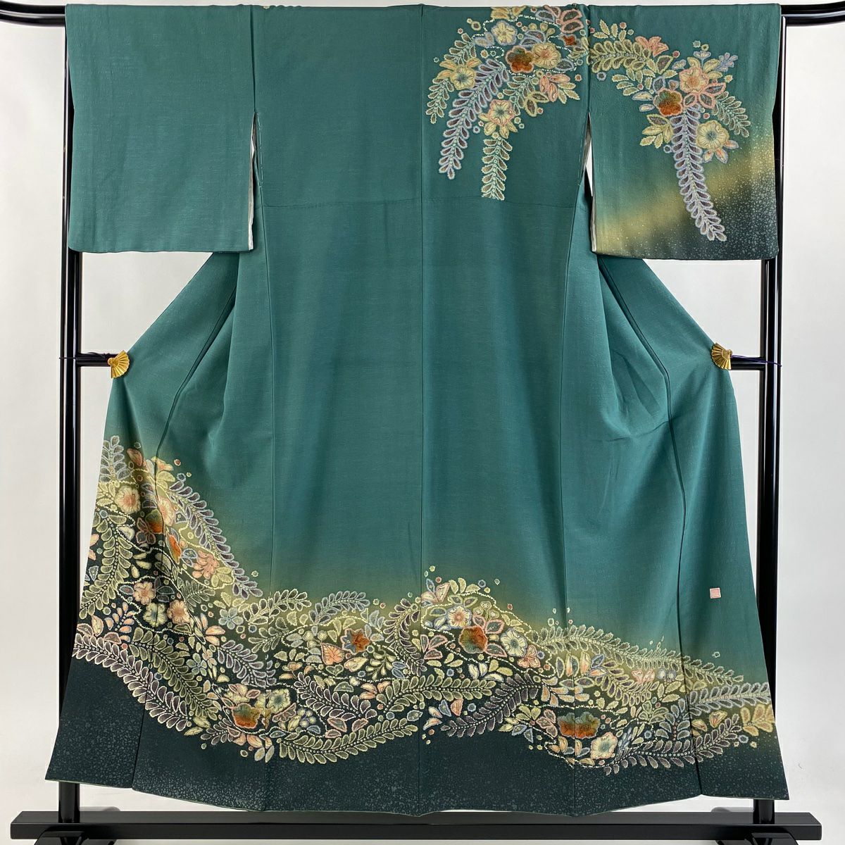 【庫存清倉】訪問服 身長154cm 袖長66cm M 雙層 落款有 辻花染 漸層 綠 純蠶絲 名品級