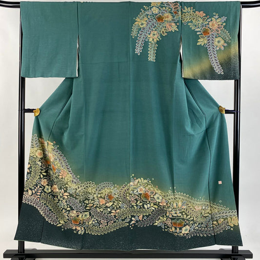 【庫存清倉】訪問服 身長154cm 袖長66cm M 雙層 落款有 辻花染 漸層 綠 純蠶絲 名品級