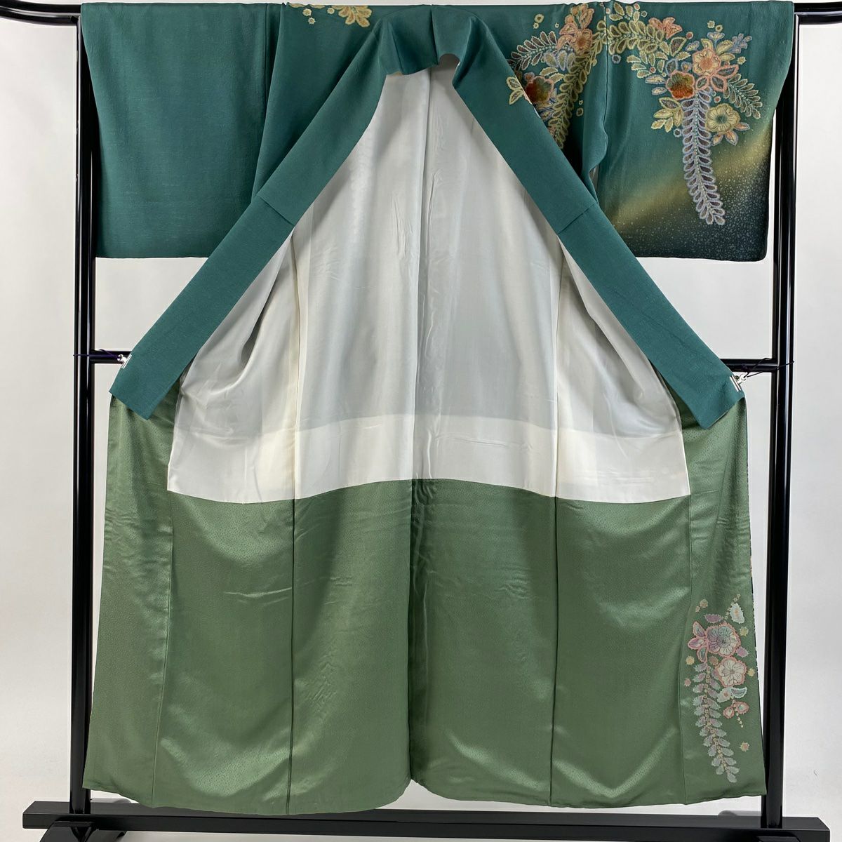 【庫存清倉】訪問服 身長154cm 袖長66cm M 雙層 落款有 辻花染 漸層 綠 純蠶絲 名品級