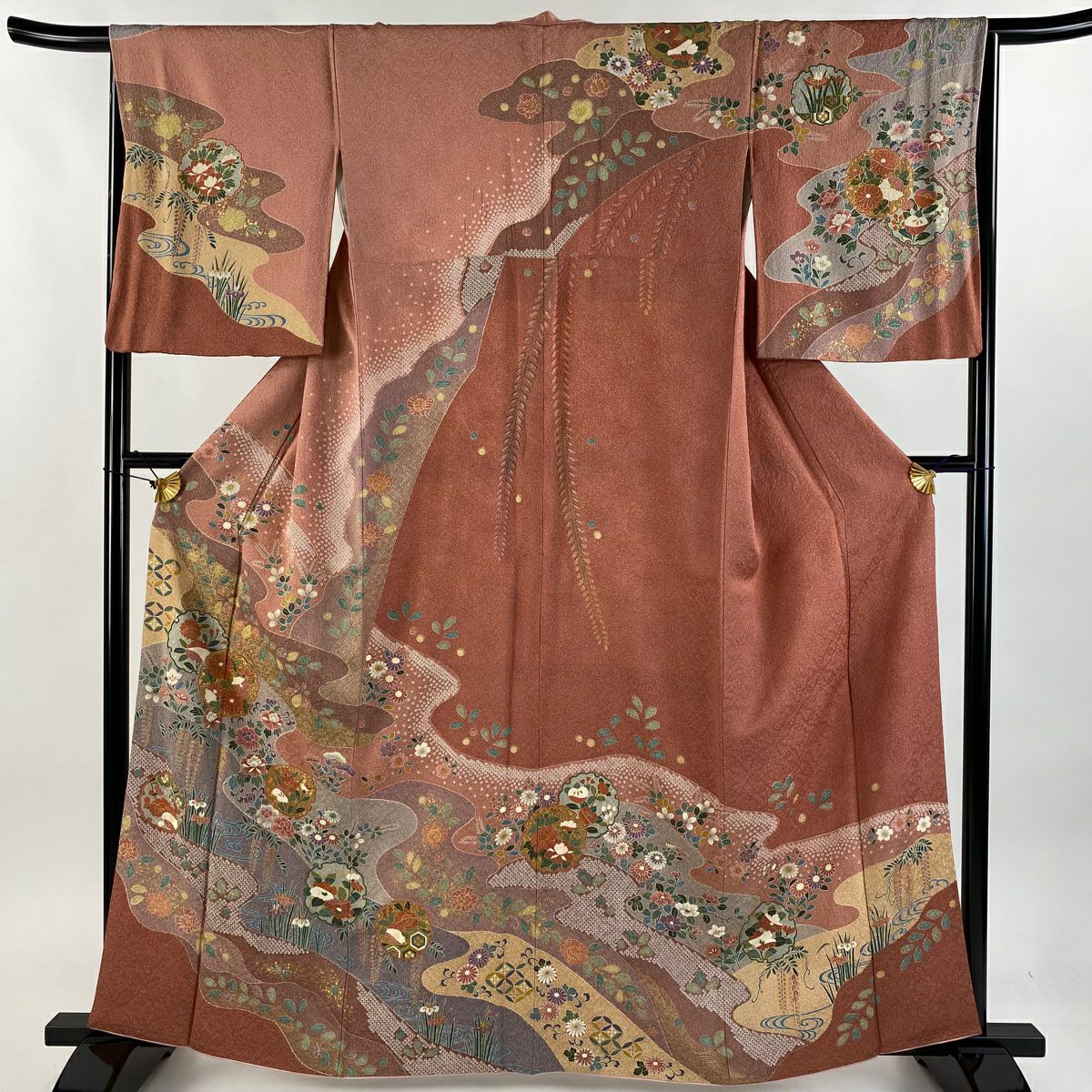 【庫存清倉】訪問服 身長161cm 袖長65.5cm M 雙層 草花紋紋 雪輪 金銀彩 鮭粉色 純蠶絲 名品級