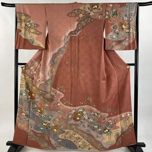 【庫存清倉】訪問服 身長161cm 袖長65.5cm M 雙層 草花紋紋 雪輪 金銀彩 鮭粉色 純蠶絲 名品級