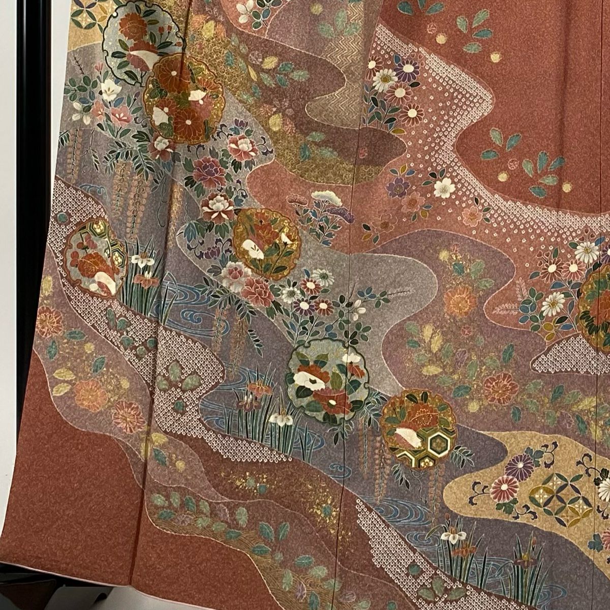 【庫存清倉】訪問服 身長161cm 袖長65.5cm M 雙層 草花紋紋 雪輪 金銀彩 鮭粉色 純蠶絲 名品級