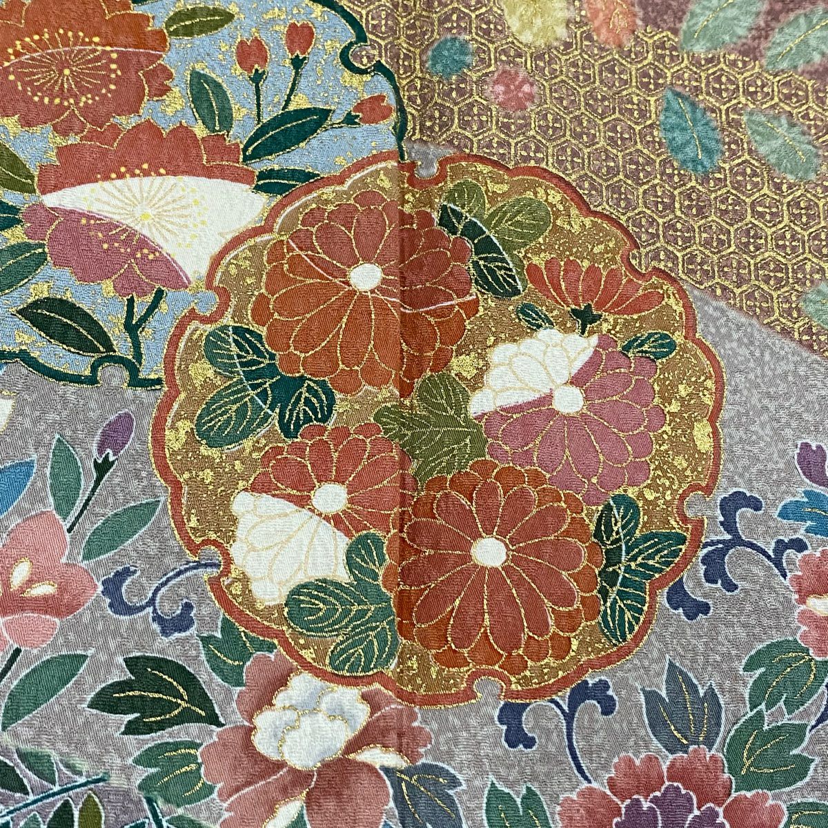 【庫存清倉】訪問服 身長161cm 袖長65.5cm M 雙層 草花紋紋 雪輪 金銀彩 鮭粉色 純蠶絲 名品級