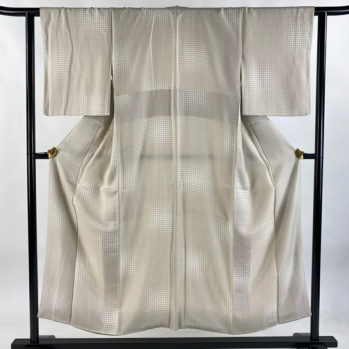 【庫存清倉】 小紋 身長151cm 袖長60.5cm S 雙層 格子 幾何圖案 米色 純蠶絲 名品級
