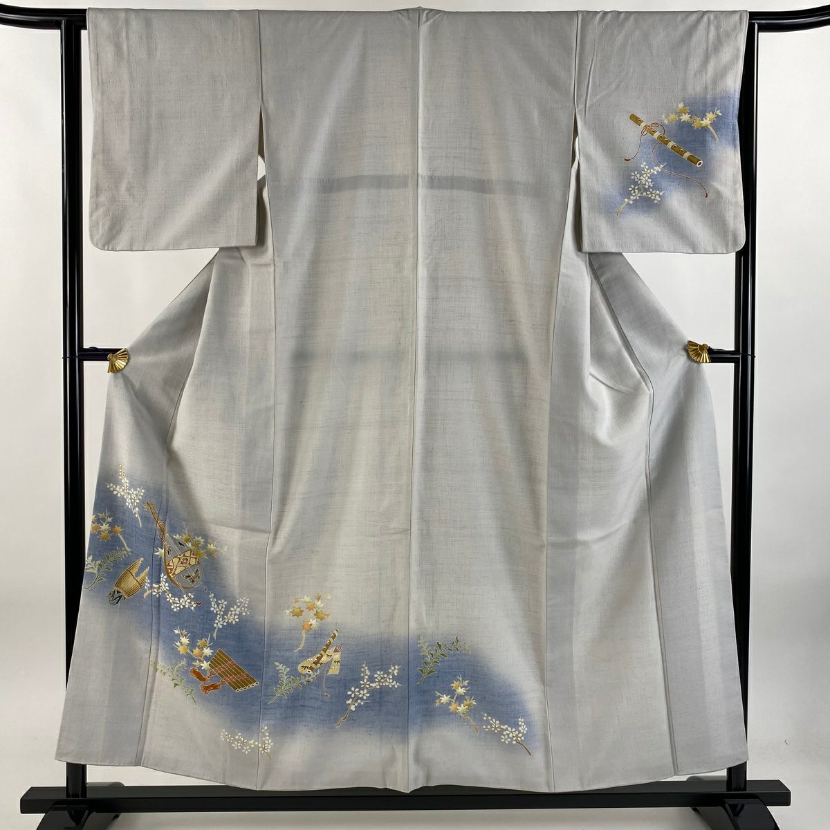 【庫存清倉】 付下 身長155cm 袖長63cm S 雙層 紬織織 樂器 枝花 金彩裝飾 漸層 灰色 純蠶絲 名品級