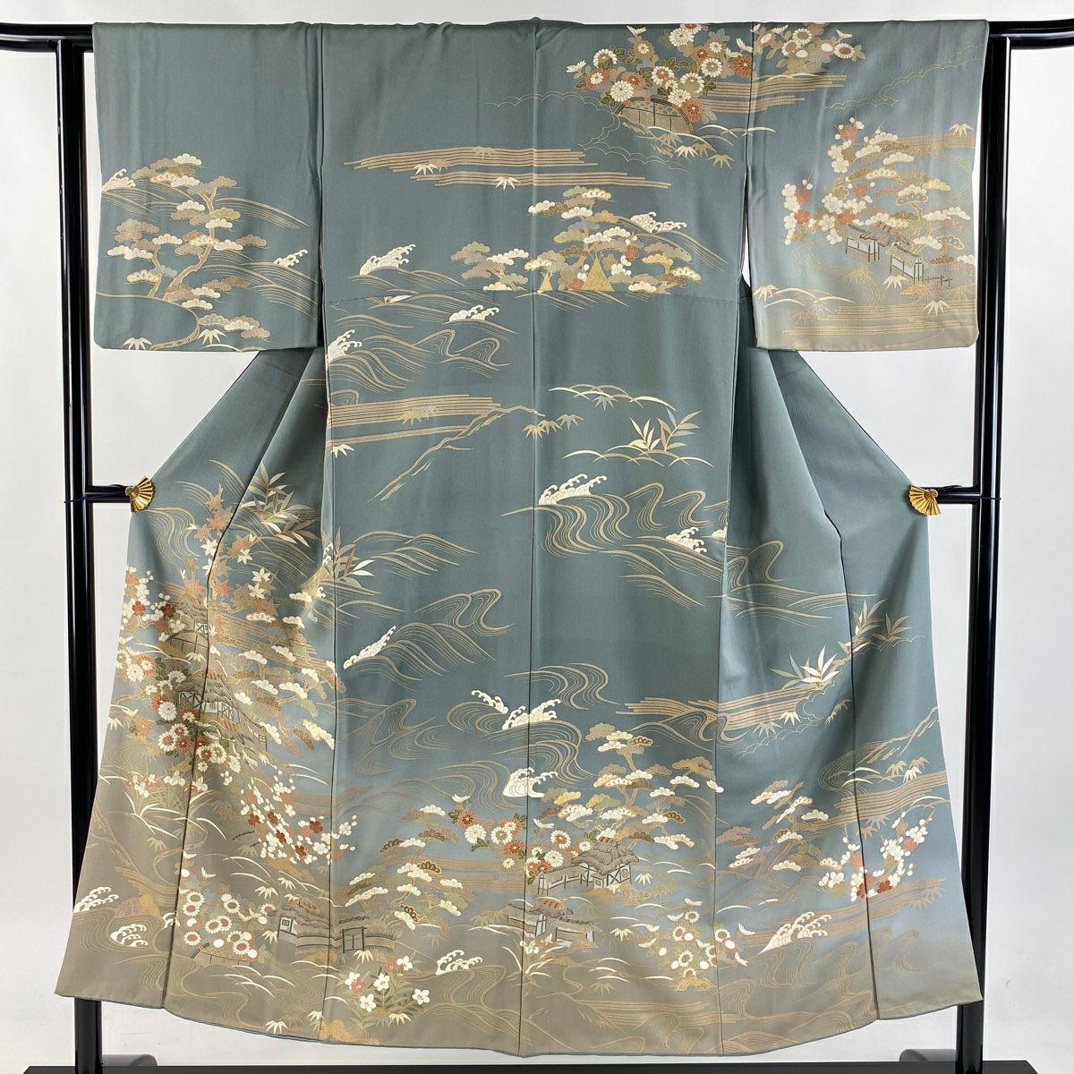 【庫存清倉】 【美品】 訪問服 身長150.5cm 袖長62.5cm S 雙層 松樹竹子梅花 家屋 金絲 金銀彩 灰綠 純蠶絲 名品級
