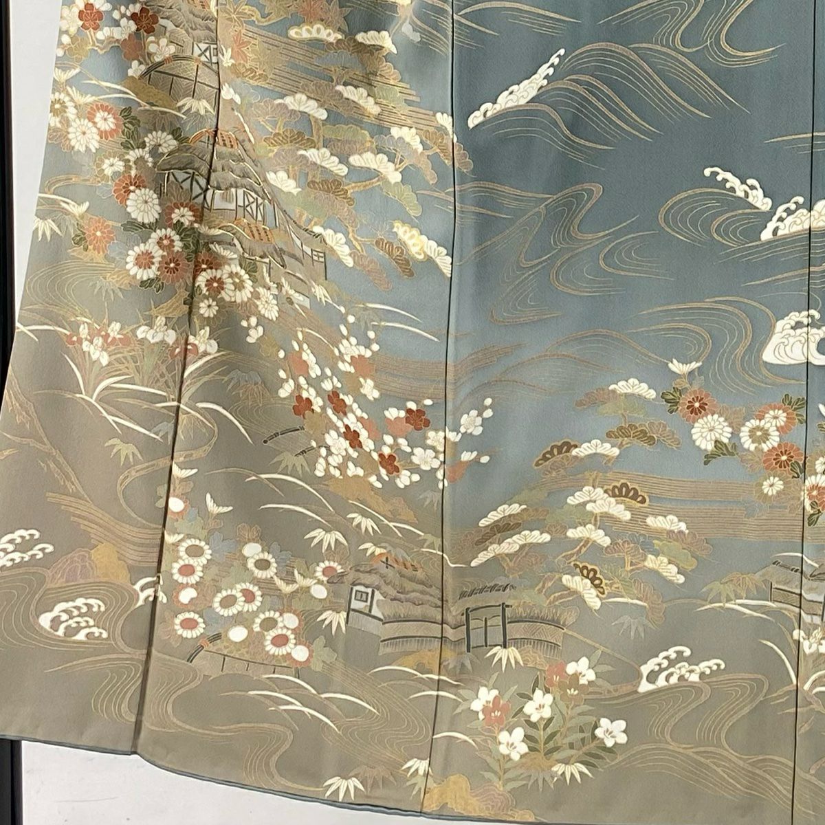 【庫存清倉】 【美品】 訪問服 身長150.5cm 袖長62.5cm S 雙層 松樹竹子梅花 家屋 金絲 金銀彩 灰綠 純蠶絲 名品級