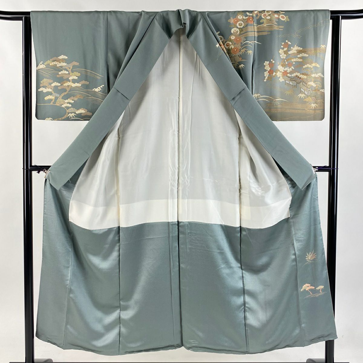 【庫存清倉】 【美品】 訪問服 身長150.5cm 袖長62.5cm S 雙層 松樹竹子梅花 家屋 金絲 金銀彩 灰綠 純蠶絲 名品級