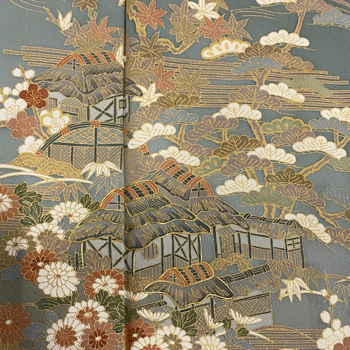 【庫存清倉】 【美品】 訪問服 身長150.5cm 袖長62.5cm S 雙層 松樹竹子梅花 家屋 金絲 金銀彩 灰綠 純蠶絲 名品級