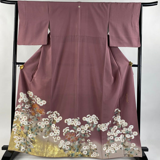 色留袖禮服 身長165cm 袖長65cm M 雙層 中村乃武夫 落款あり 菊花 金絲 金銀彩 深粉 純蠶絲 名品級 一つ紋