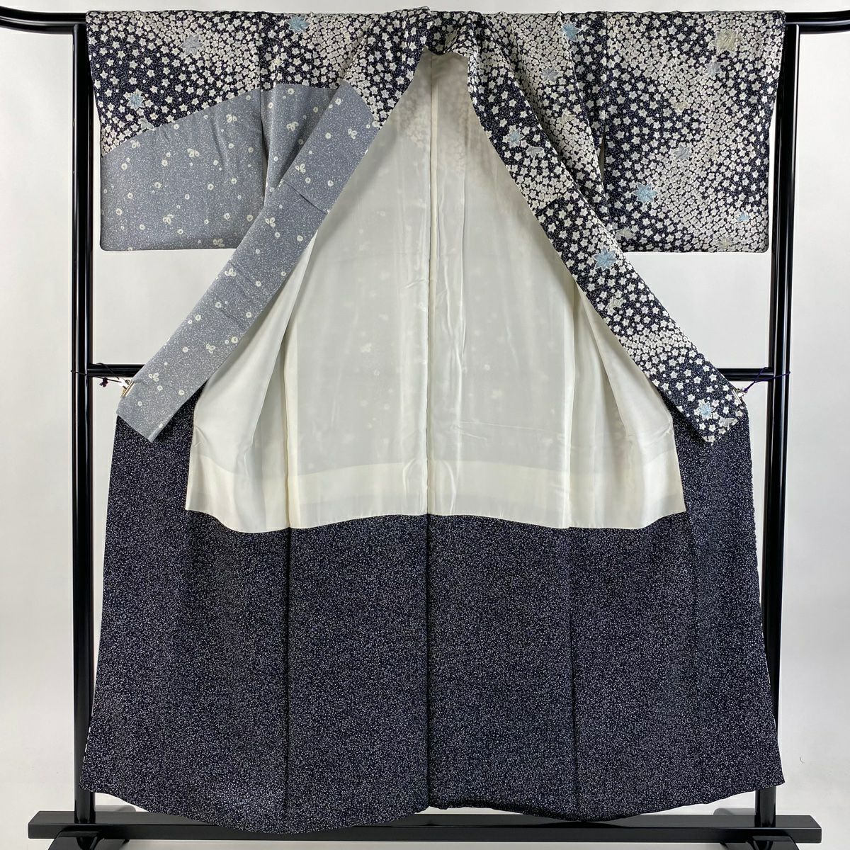 【庫存清倉】訪問服 身長157cm 袖長62cm S 雙層 楓花 黑灰 純蠶絲 名品級