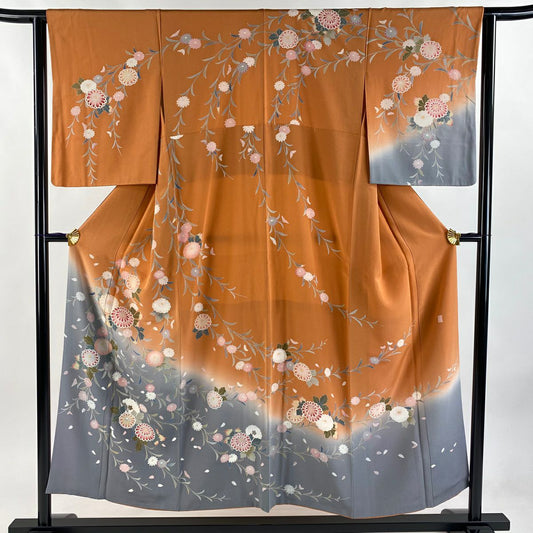 【庫存清倉】 【美品】 訪問服 身長151.5cm 袖長63cm S 雙層 落款 菊花花瓣 染分 逐漸淡化 橙色 純蠶絲 名品級