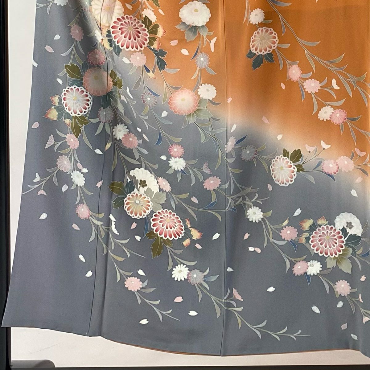 【庫存清倉】 【美品】 訪問服 身長151.5cm 袖長63cm S 雙層 落款 菊花花瓣 染分 逐漸淡化 橙色 純蠶絲 名品級