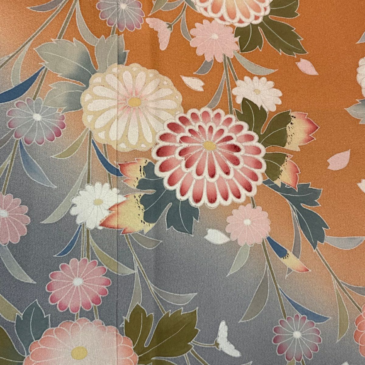 【庫存清倉】 【美品】 訪問服 身長151.5cm 袖長63cm S 雙層 落款 菊花花瓣 染分 逐漸淡化 橙色 純蠶絲 名品級