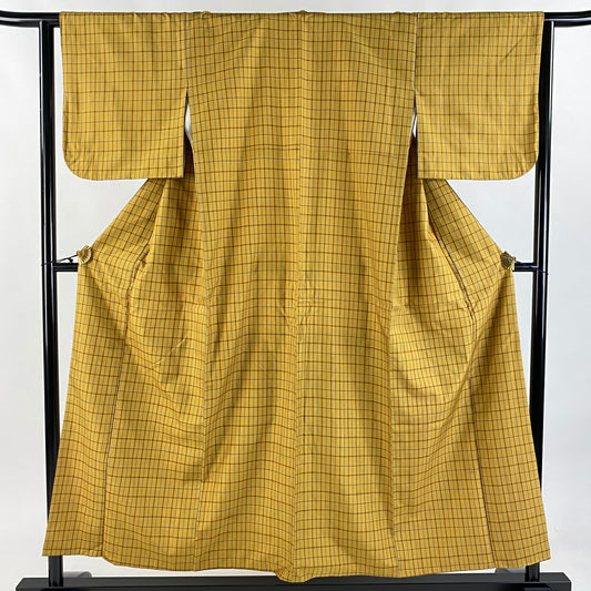 【庫存清倉】 【美品】 紬織 身長154.5cm 袖長62cm S 雙層 格子 黃土 純蠶絲 名品級