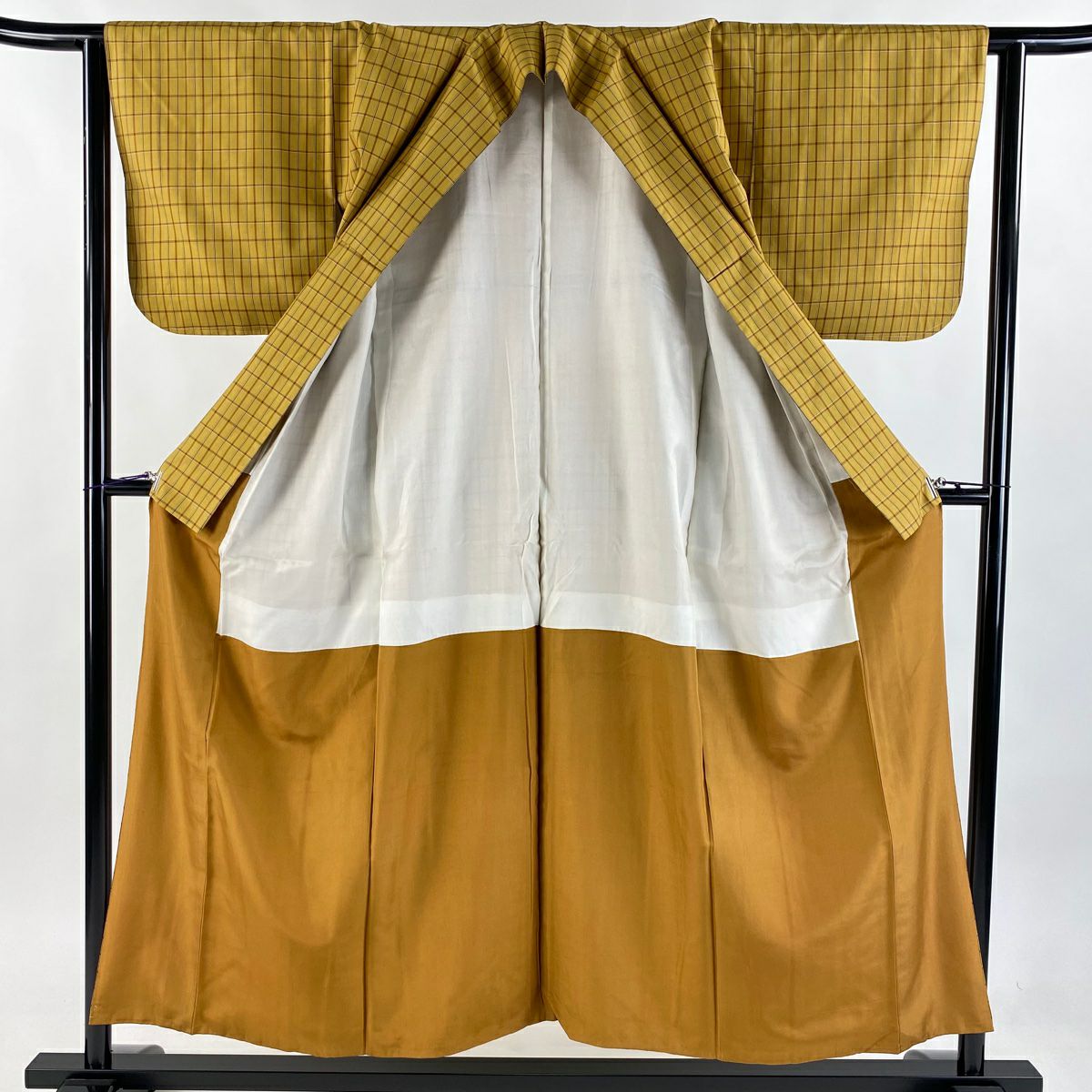 【庫存清倉】 【美品】 紬織 身長154.5cm 袖長62cm S 雙層 格子 黃土 純蠶絲 名品級