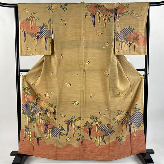 【庫存清倉】訪問服 身長163.5cm 袖長65cm M 雙層 花井幸子 落款あり 藤 雲文刺繡 金彩裝飾 淺茶 純蠶絲 名品級