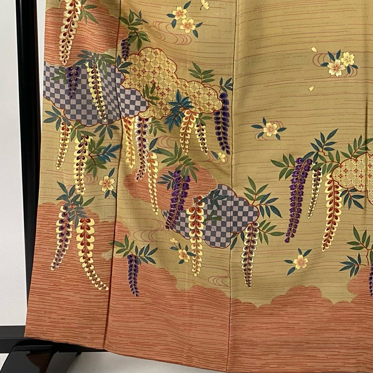 【庫存清倉】訪問服 身長163.5cm 袖長65cm M 雙層 花井幸子 落款あり 藤 雲文刺繡 金彩裝飾 淺茶 純蠶絲 名品級