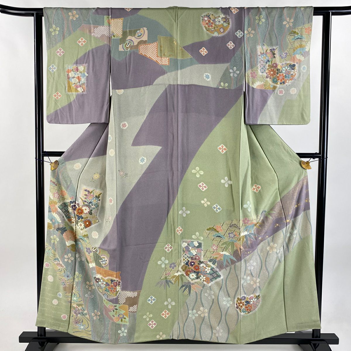 【清倉特賣】訪問服 身長156.5cm 袖長61cm S 雙層 草花紋紋 扇子面 金絲 金銀彩 淺綠 純蠶絲 名品級
