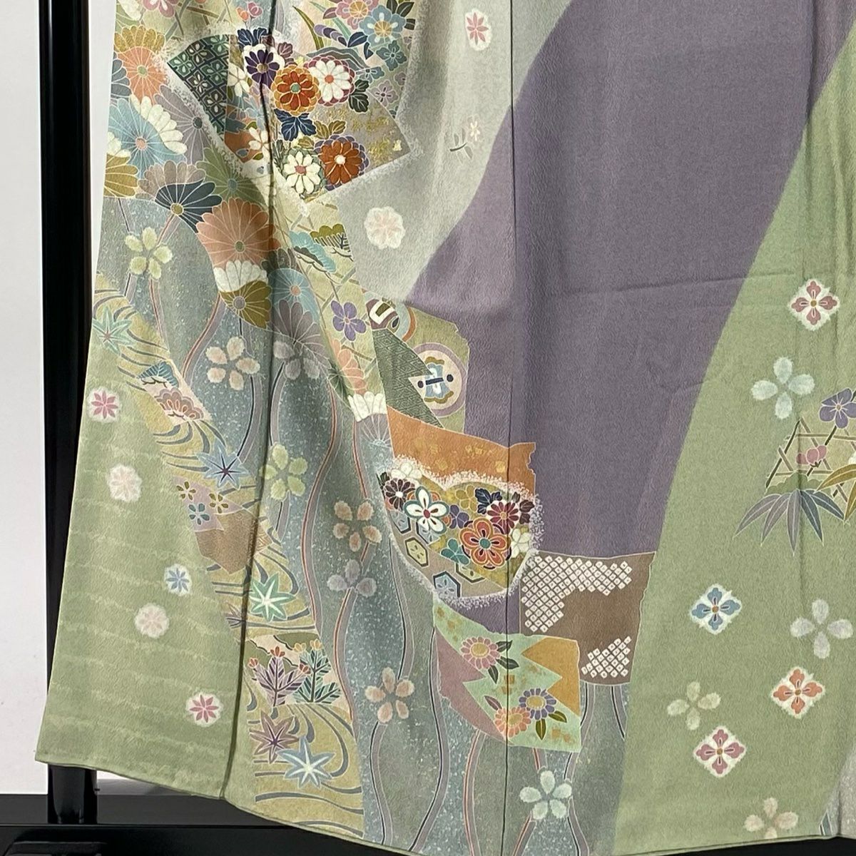 【清倉特賣】訪問服 身長156.5cm 袖長61cm S 雙層 草花紋紋 扇子面 金絲 金銀彩 淺綠 純蠶絲 名品級
