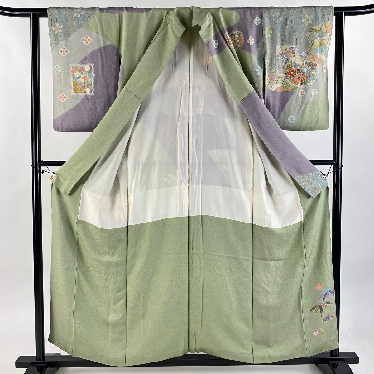 【清倉特賣】訪問服 身長156.5cm 袖長61cm S 雙層 草花紋紋 扇子面 金絲 金銀彩 淺綠 純蠶絲 名品級