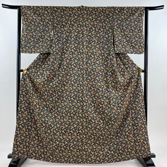 【美品】 小紋 身長164cm 袖長63cm S 雙層 草花紋紋 地紋 深藍 化纖 優品級