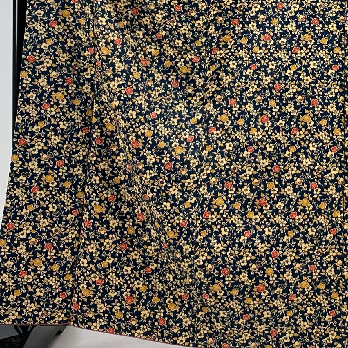 【美品】 小紋 身長164cm 袖長63cm S 雙層 草花紋紋 地紋 深藍 化纖 優品級