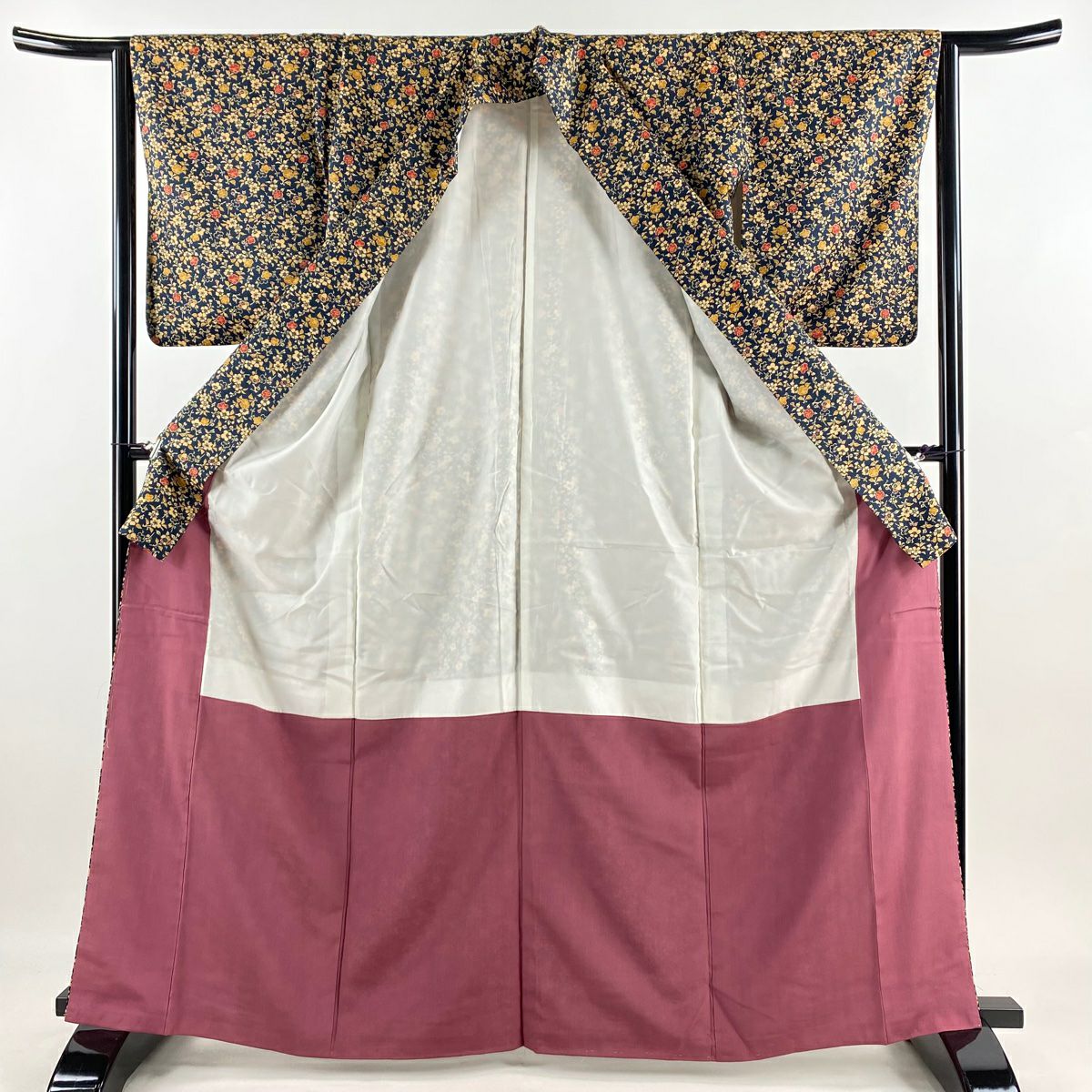 【美品】 小紋 身長164cm 袖長63cm S 雙層 草花紋紋 地紋 深藍 化纖 優品級