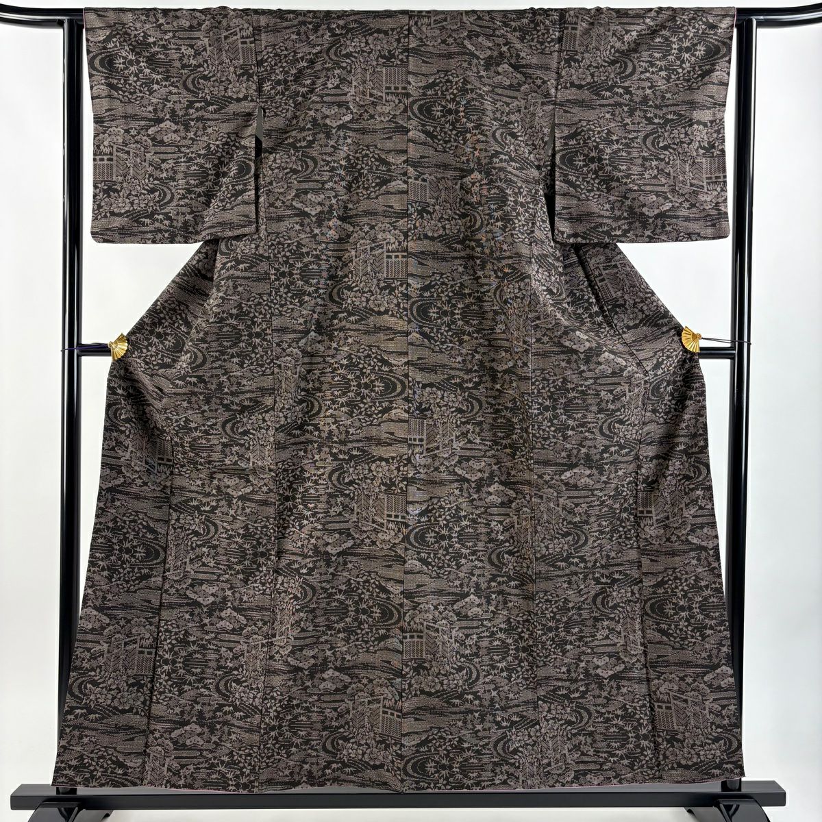 【美品】 紬織 身長157cm 袖長63cm S 雙層 流水 松樹 焦茶 純蠶絲 優品級