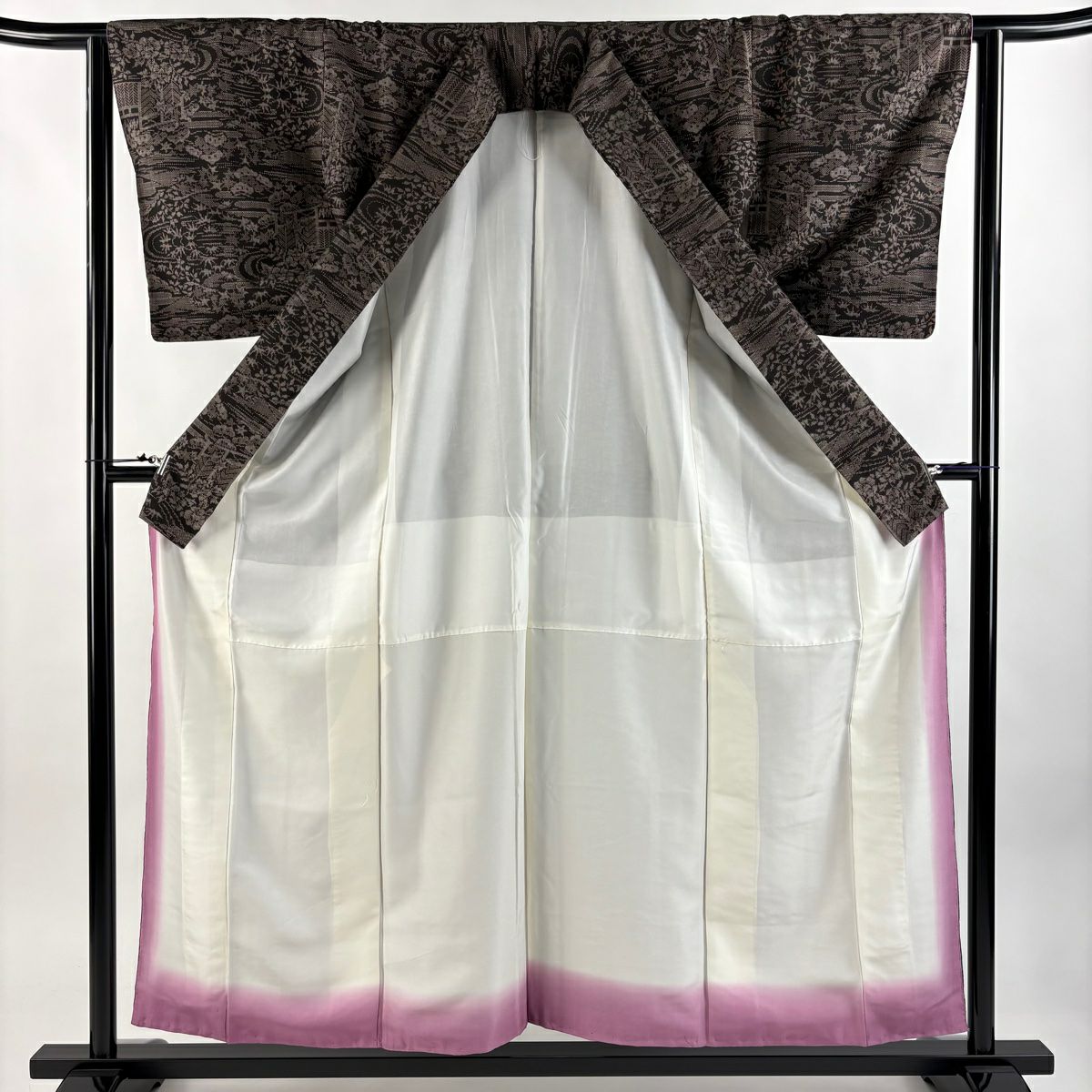 【美品】 紬織 身長157cm 袖長63cm S 雙層 流水 松樹 焦茶 純蠶絲 優品級