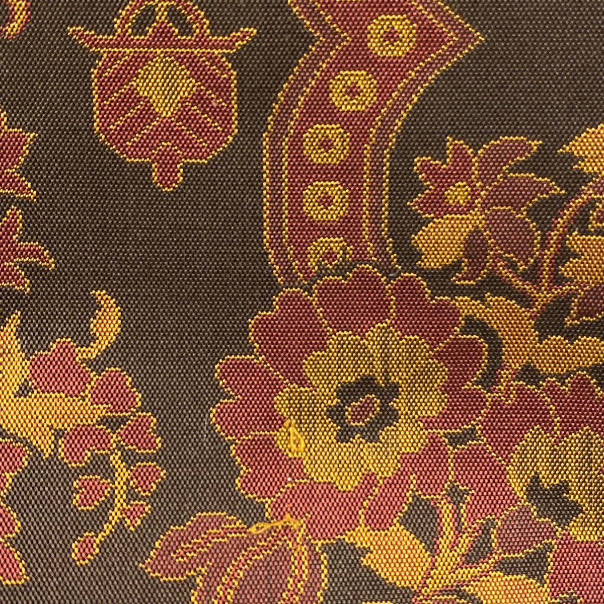 名古屋帶 優品級 草花紋紋 幾何學圖案 焦茶 純蠶絲