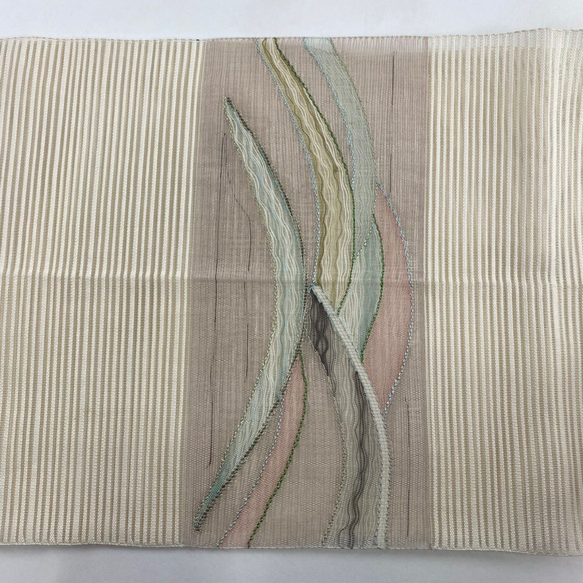 名古屋帶 優品級 夏帶 絽 八寸名古屋帶 隧道仕立 波紋 縞紋 金銀彩 米色 純蠶絲