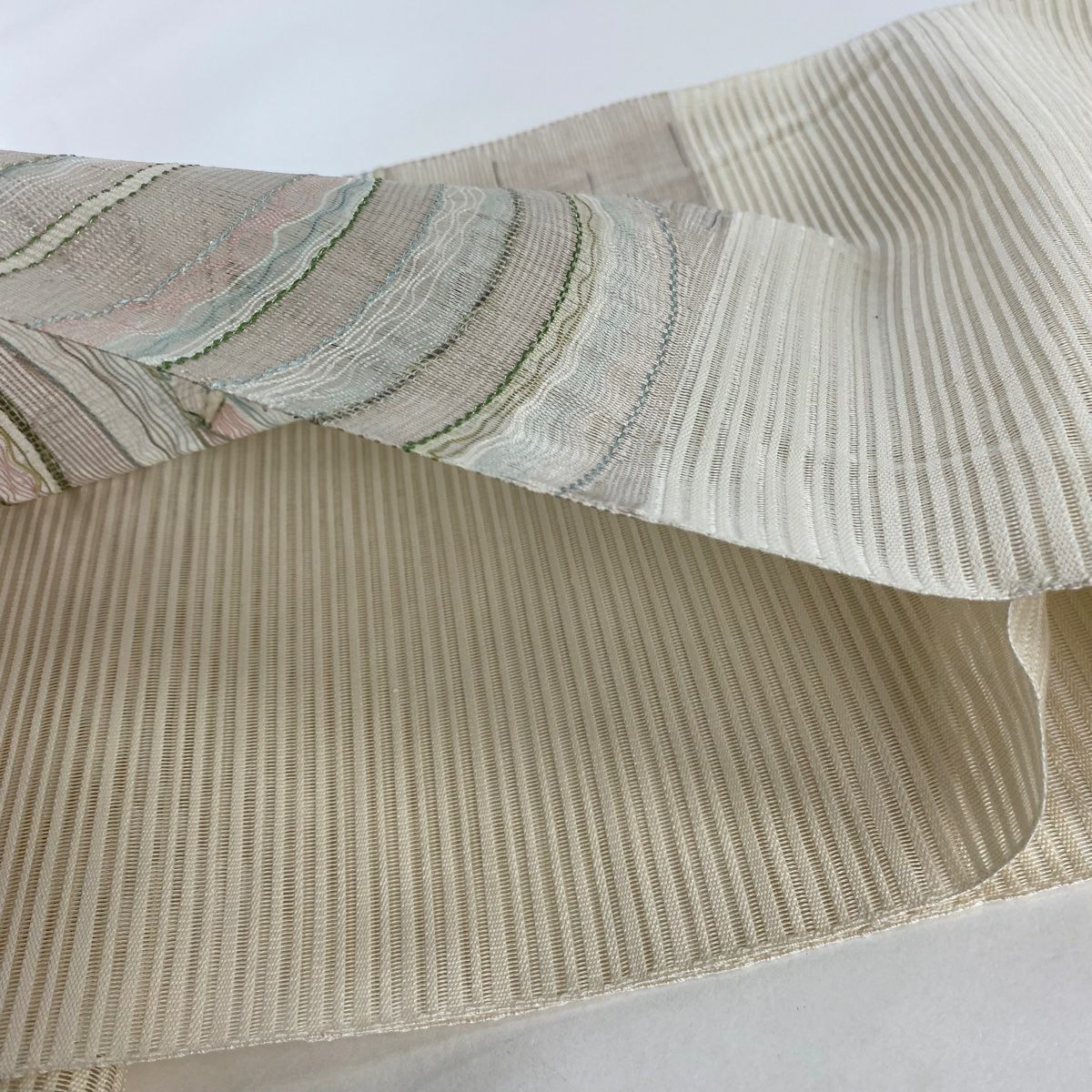 名古屋帶 優品級 夏帶 絽 八寸名古屋帶 隧道仕立 波紋 縞紋 金銀彩 米色 純蠶絲