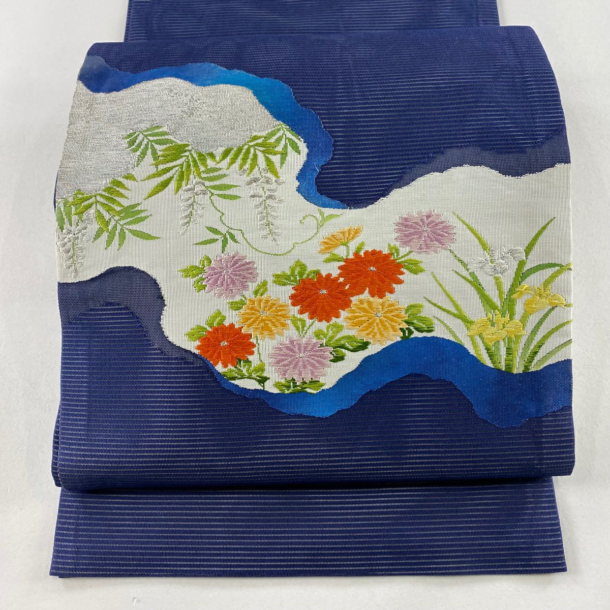 開口名古屋帶 優品級 夏帶 絽 菊花 花 鳶尾花 銀線 深藍 純蠶絲