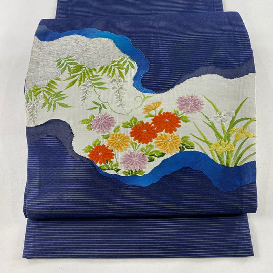 開口名古屋帶 優品級 夏帶 絽 菊花 花 鳶尾花 銀線 深藍 純蠶絲