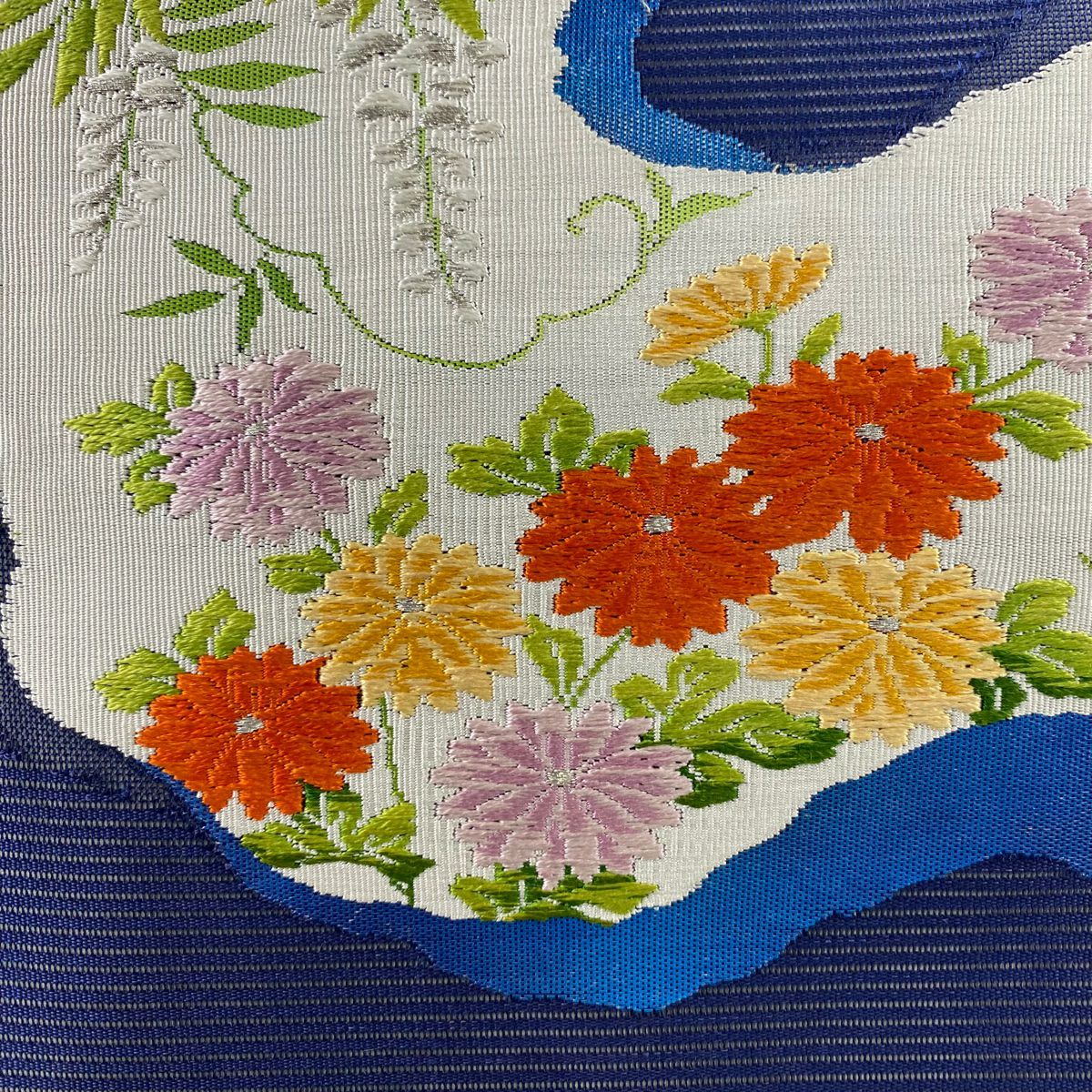 開口名古屋帶 優品級 夏帶 絽 菊花 花 鳶尾花 銀線 深藍 純蠶絲