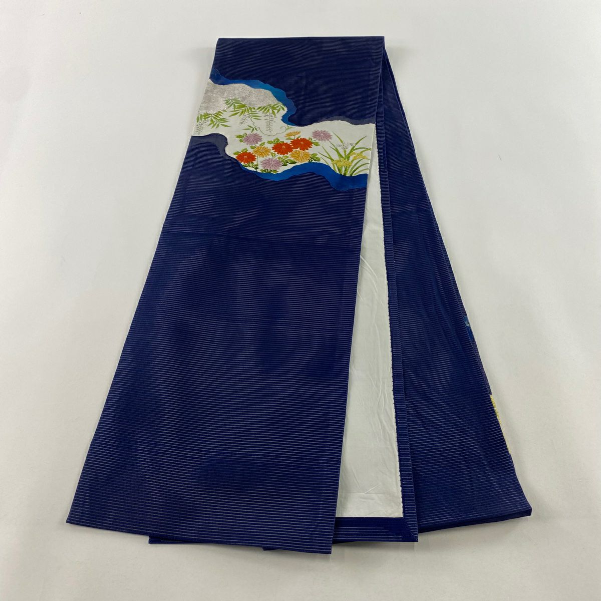 開口名古屋帶 優品級 夏帶 絽 菊花 花 鳶尾花 銀線 深藍 純蠶絲