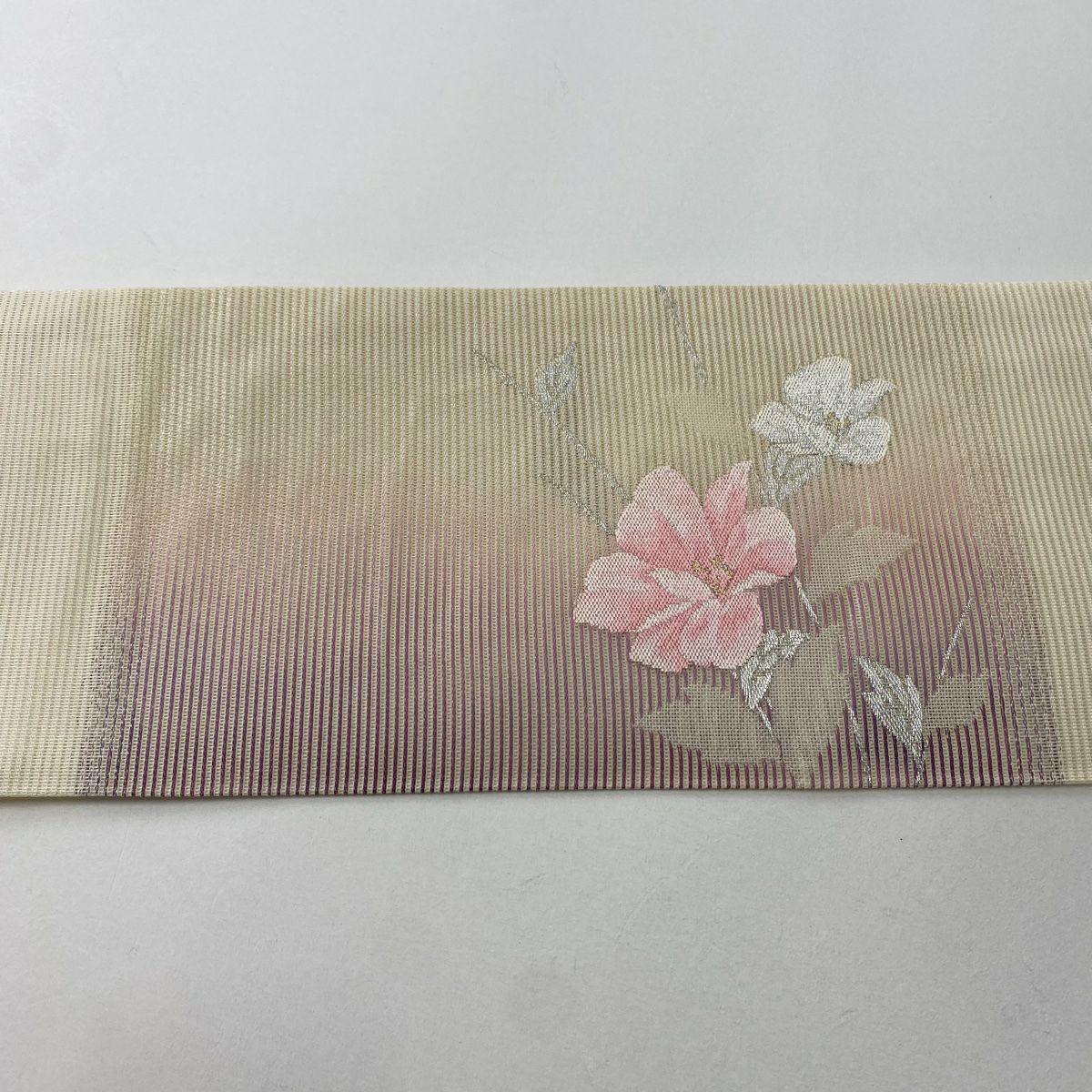 名古屋帶 優品級 夏帶 絽 草花紋紋 縞 金銀彩 漸層 奶油色 純蠶絲