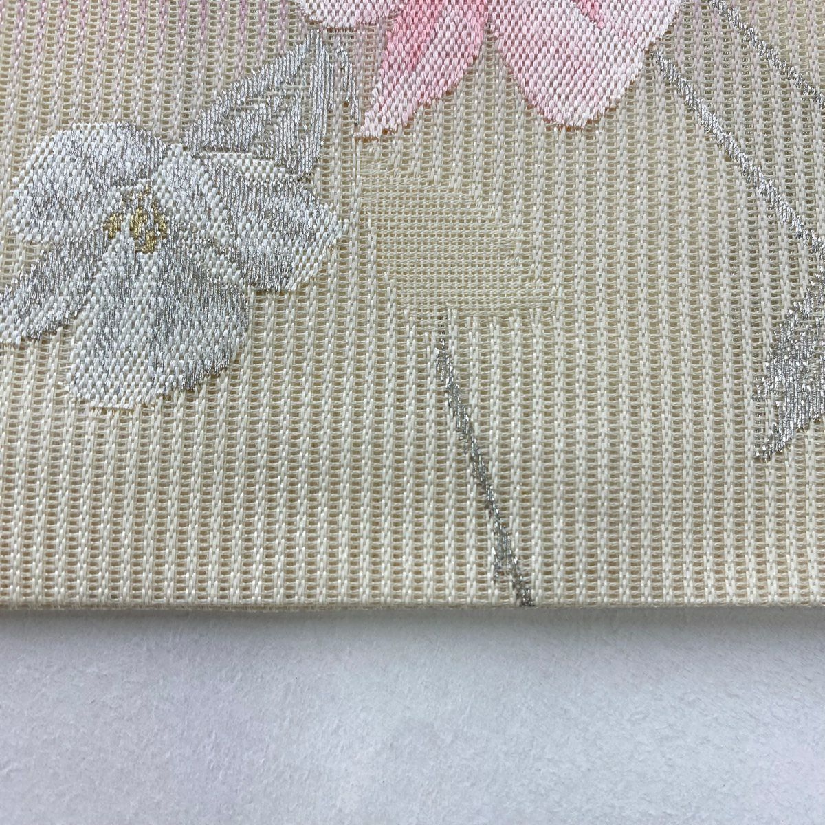名古屋帶 優品級 夏帶 絽 草花紋紋 縞 金銀彩 漸層 奶油色 純蠶絲