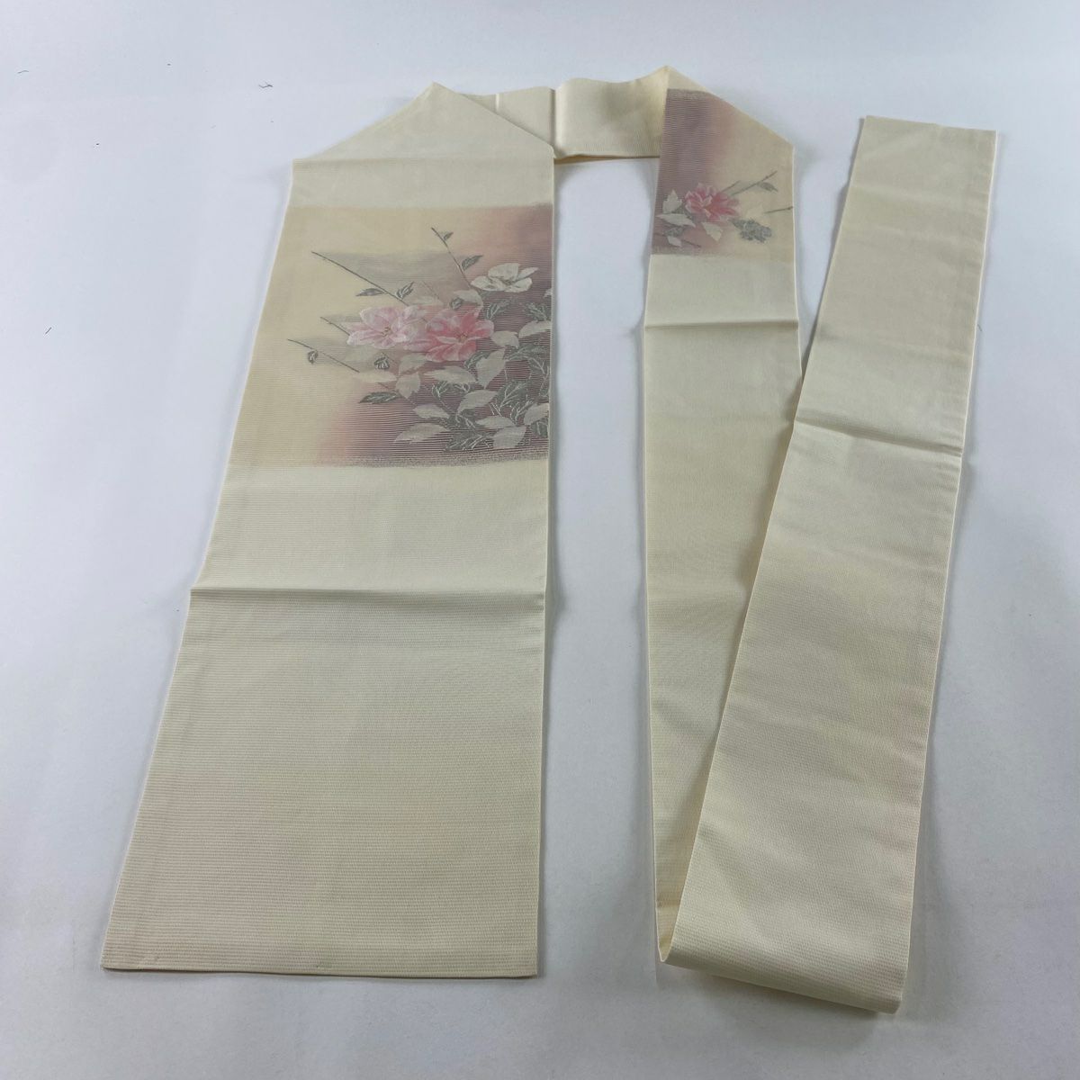 名古屋帶 優品級 夏帶 絽 草花紋紋 縞 金銀彩 漸層 奶油色 純蠶絲