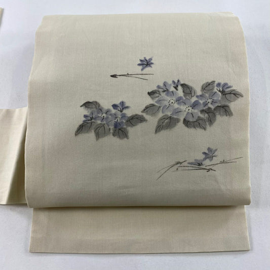 名古屋帶 優品級 落款 夏帶 紗 草花紋 松樹葉 奶油色 純蠶絲