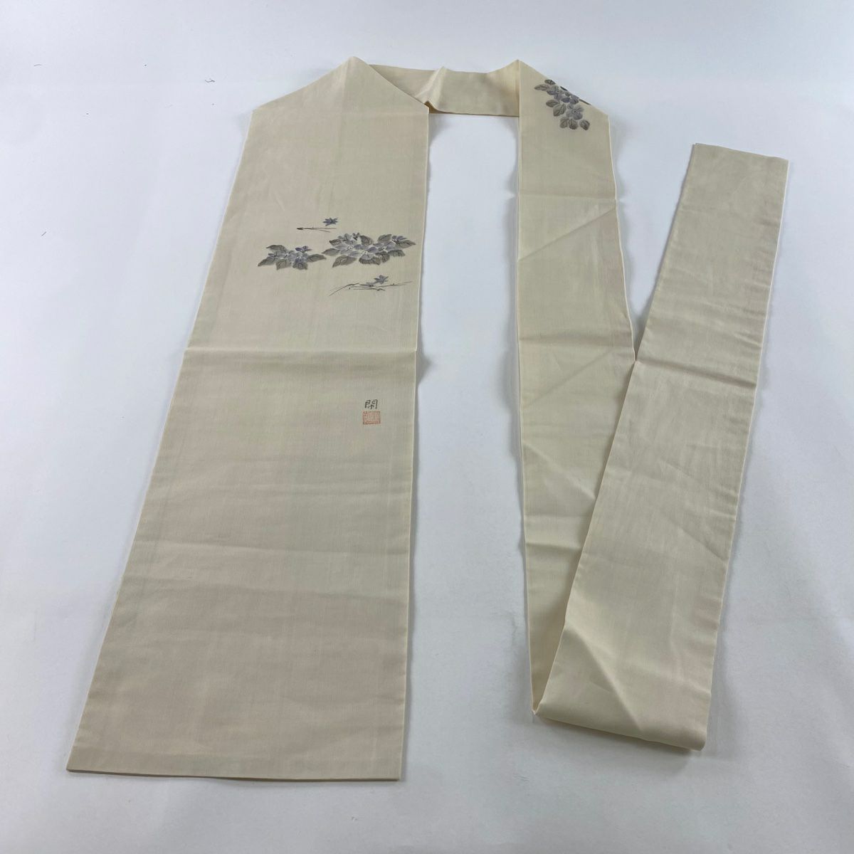 名古屋帶 優品級 落款 夏帶 紗 草花紋 松樹葉 奶油色 純蠶絲