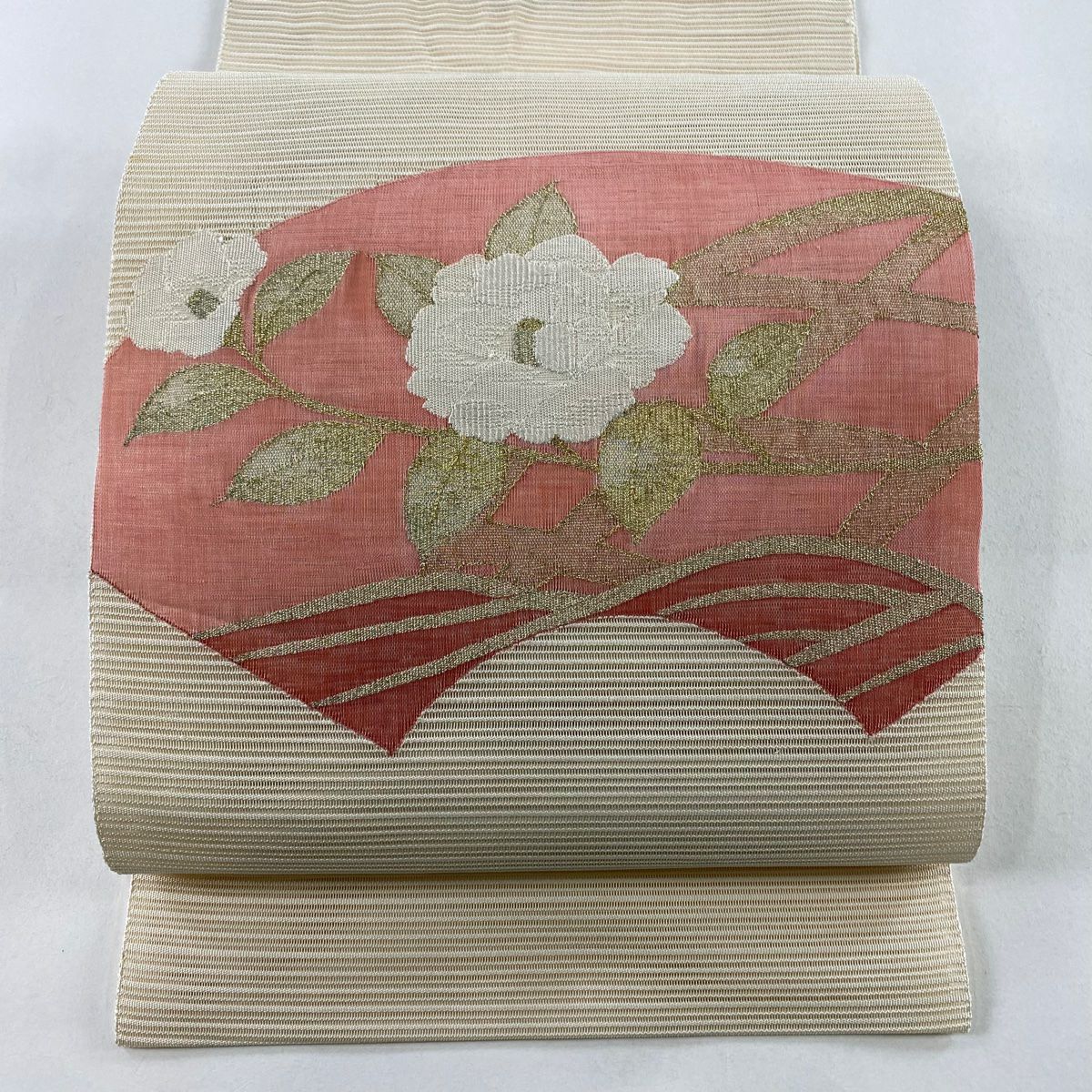 名古屋帶 優品級 夏帶 絽 八寸名古屋帶 扇子面 草花紋 金銀彩 米色 純蠶絲
