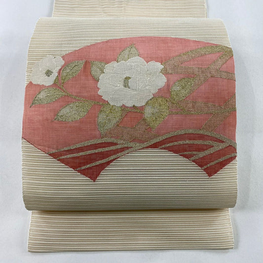 名古屋帶 優品級 夏帶 絽 八寸名古屋帶 扇子面 草花紋 金銀彩 米色 純蠶絲