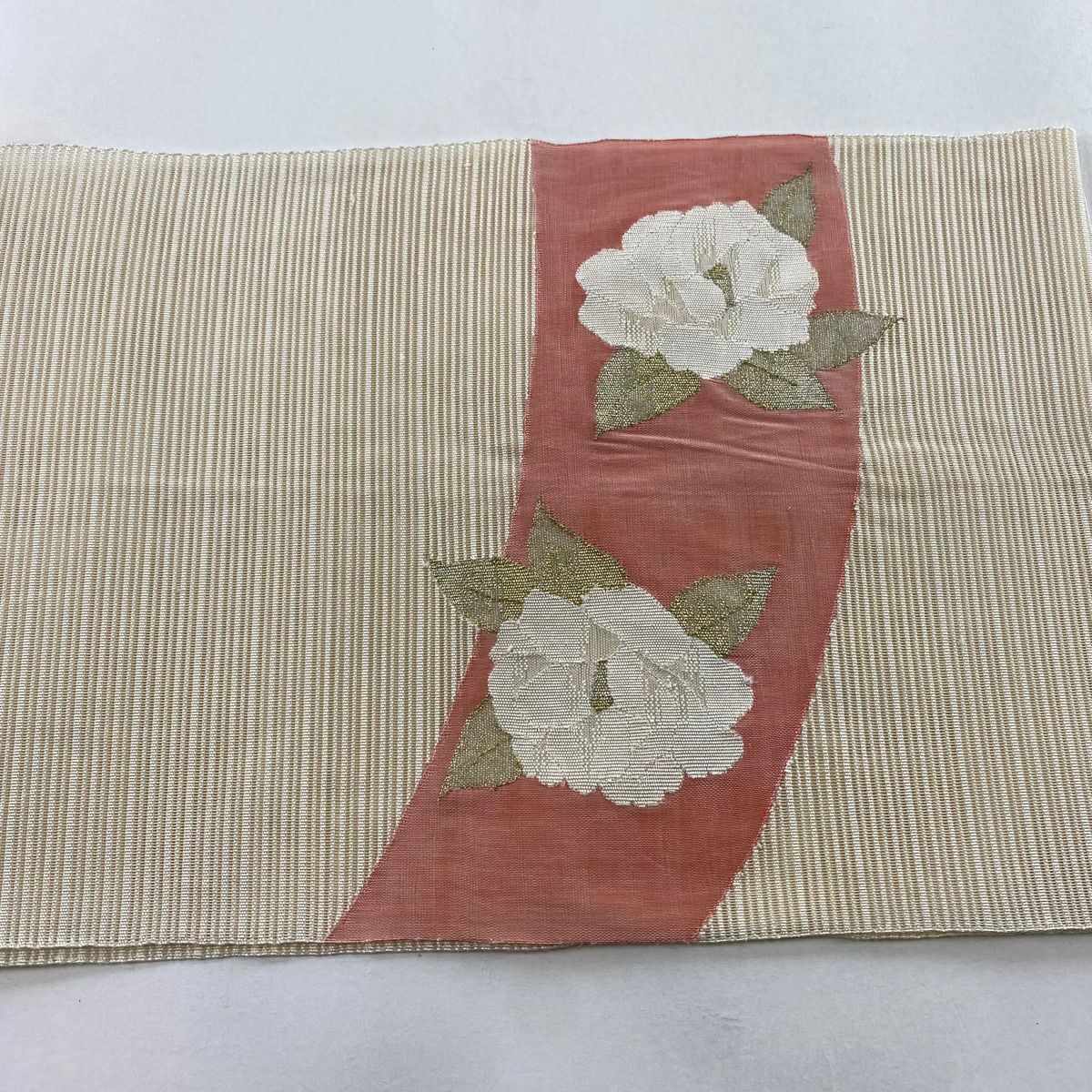 名古屋帶 優品級 夏帶 絽 八寸名古屋帶 扇子面 草花紋 金銀彩 米色 純蠶絲