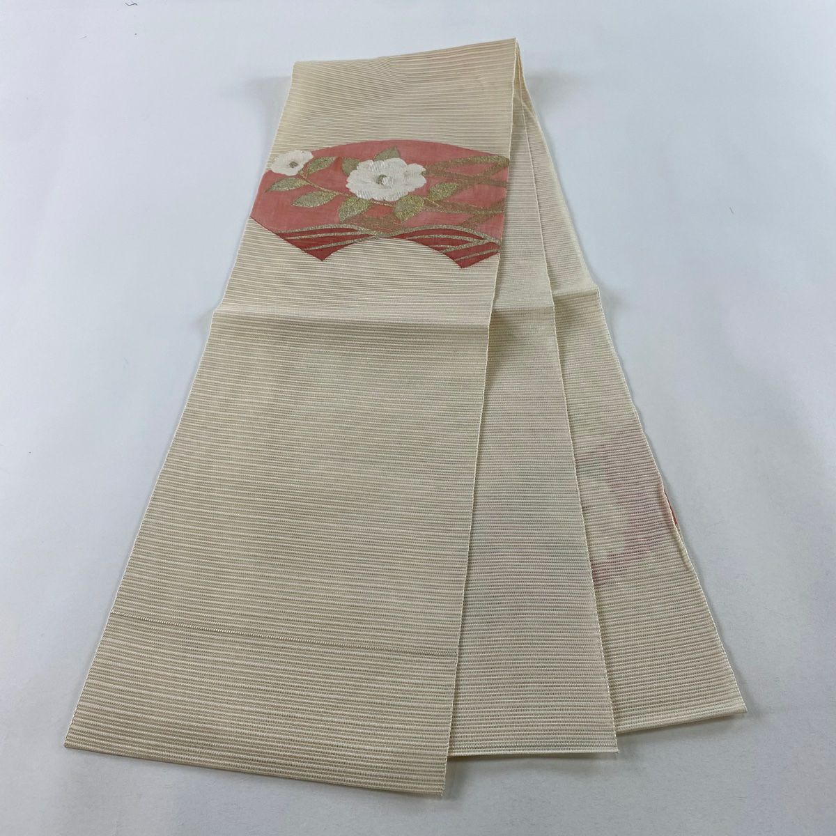 名古屋帶 優品級 夏帶 絽 八寸名古屋帶 扇子面 草花紋 金銀彩 米色 純蠶絲